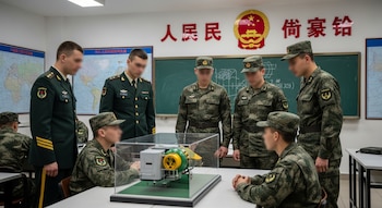 Seis soldados uniformados en un aula observan un modelo de reactor nuclear. Mapas, una pizarra con escritura china y un logo de estrella en la pared.