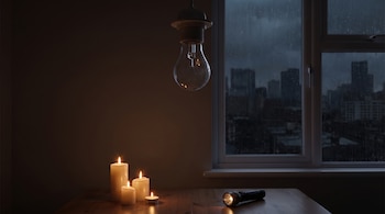 Cuatro velas encendidas y una linterna prendida sobre una mesa de madera. Una bombilla apagada cuelga del techo. Una ventana muestra la ciudad bajo la lluvia.