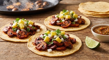 Tres tacos de champiñones al pastor con piña, cebolla, cilantro; una sartén humeante, tortillas de maíz, salsa y una rodaja de limón.