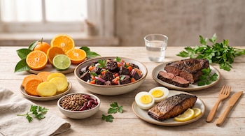 Platos con sangrecita, hígado, pescado, huevos cocidos, legumbres, papas, cítricos y cubiertos de madera sobre una mesa.