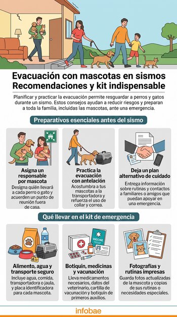 Infografía ilustrada con consejos para evacuar perros y gatos durante sismos y los elementos que debe contener su kit de emergencia.