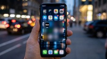 Mano sosteniendo un smartphone con el logo de la aplicación Uber en la pantalla. Fondo urbano desenfocado con luces de tráfico y edificios de noche.