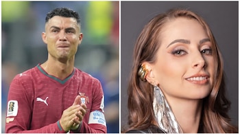 Collage de dos fotos: Cristiano Ronaldo en primer plano con camiseta de fútbol de Portugal; una mujer con cabello castaño, pendientes y ear cuff.