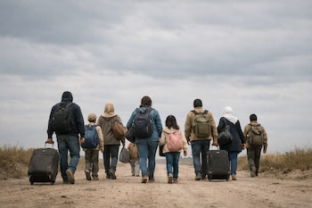 Un grupo de ocho personas, incluyendo adultos y niños, camina en fila por un camino de tierra con mochilas y valijas bajo un cielo nublado.