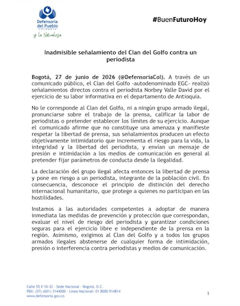 La Defensoría del Pueblo rechazó los señalamientos del Clan del Golfo contra el periodista Norbey Valle David y pidió medidas urgentes para garantizar su seguridad - crédito Defensoría del Pueblo