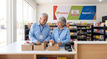 Dos adultos mayores uniformados detrás de un mostrador con cajas y terminal de pago. Fondo con estantes de productos y cartel con Soriana, Chedraui, Walmart.