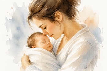 Ilustración en acuarela de una madre que sostiene a su bebé recién nacido - crédito