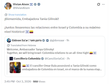 La embajadora de Israel en Colombia también lñe dio la bienvenida a Tania Gilinski al cargo de diplomática - crédito @VivianAisen/X