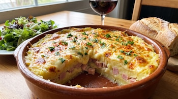 Fuente de cerámica con pastel de papas, jamón y queso gratinado. A su lado, ensalada verde, copa de vino tinto y pan.