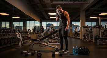 Un hombre atlético con ropa deportiva negra se seca el rostro con una toalla gris en un gimnasio moderno, rodeado de pesas y máquinas de ejercicio.