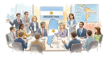 Ilustración de personas en una sala de reuniones, sentadas y de pie, con la bandera de Argentina, un mapa de Sudamérica y el contorno de Argentina en la mesa.