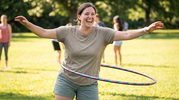 Una mujer con camiseta beige y pantalón corto sostiene un hula hula de colores en su cintura sobre el césped de un parque.