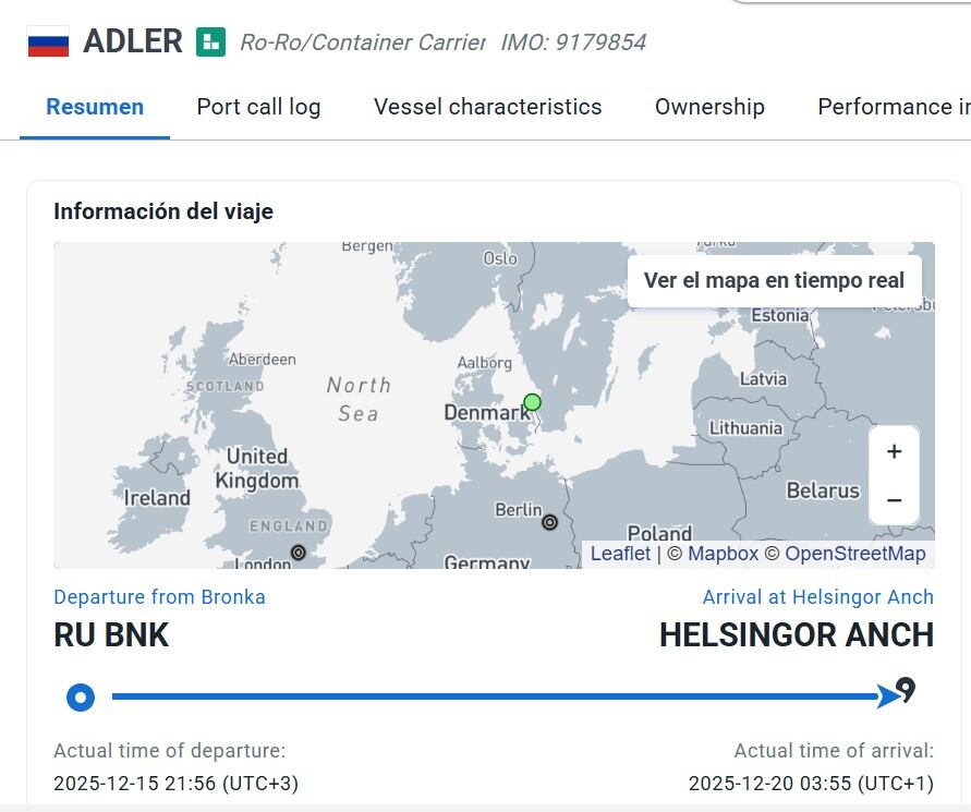 La posición del Adler frente a las costas de Suecia. El carguero rodante de 126 metros emitió una llamada de socorro el sábado cerca de Höganäs, en el estrecho entre Dinamarca y Suecia. (Marine Traffic)