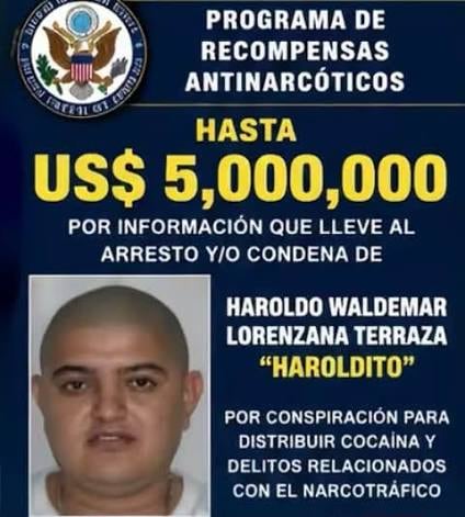 Estados Unidos ofrece una recompensa de cinco millones de dólares por la captura de Haroldo Waldemar Lorenzana Terraza, cuñado de la alcaldesa de Zacapa. (Programa de Recompensas Antinarcóticos)