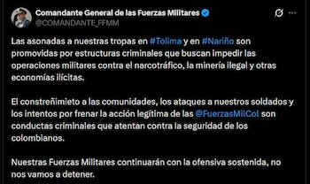 La instrumentalización de la población civil es una táctica recurrente de los grupos armados para proteger laboratorios, arsenales y rutas de narcotráfico - crédito @COMANDANTE_FFMM / X