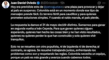 Oviedo advirtió sobre los riesgos de polarización y llamó a respetar las reglas institucionales ante el anuncio del Gobierno - crédito Juan Daniel Oviedo/X