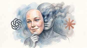 Ilustración de busto con máscara sonriente cálida y rostro serio en sombras detrás. Logos de OpenAI y Anthropic flotan en fondo de acuarela azul y gris.