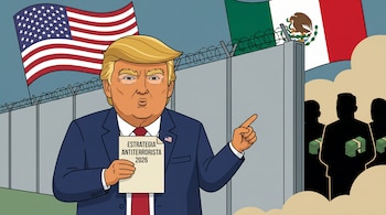 Caricatura de Donald Trump con traje azul y corbata roja, sosteniendo un documento y señalando un muro fronterizo con alambre de púas, banderas de Estados Unidos y México, y figuras de cárteles.