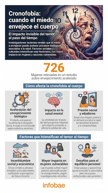 Infografía con un reloj de pared grande y el rostro de una persona angustiada que se fusiona con el diseño del reloj. Contiene texto y gráficos explicativos sobre la cronofobia y sus efectos.