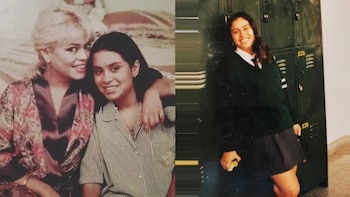 Collage de dos fotografías antiguas: a la izquierda, dos mujeres sonrientes juntas; a la derecha, una joven con uniforme escolar junto a casilleros