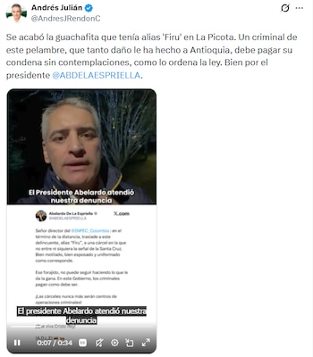 El pronunciamiento de Andrés Julián Rendón, Gobernador de Antioquia, sobre las capturas hechas por la Policía Nacional de Colombia - crédito @AndrésJRendonC/X