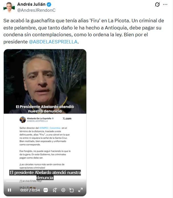 El pronunciamiento de Andrés Julián Rendón, gobernador de Antioquia, sobre las capturas hechas por la Policía Nacional de Colombia - crédito @AndrésJRendonC/X