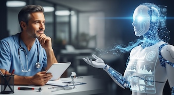 Un médico con uniforme azul y estetoscopio mira pensativo a una IA humanoide blanca con luces azules y datos proyectados en su cuerpo. Están en un consultorio.