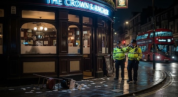 Dos policías con chalecos amarillos frente al pub The Crown & Anchor en Londres de noche, con una silla volcada y papeles en la acera mojada. Un autobús rojo al fondo.