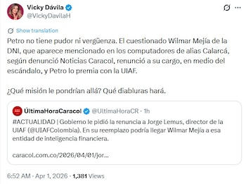 Publicación de Vicky Dávila sobre Wilmar Mejía - crédito captura de pantalla @VickyDavilaH / X