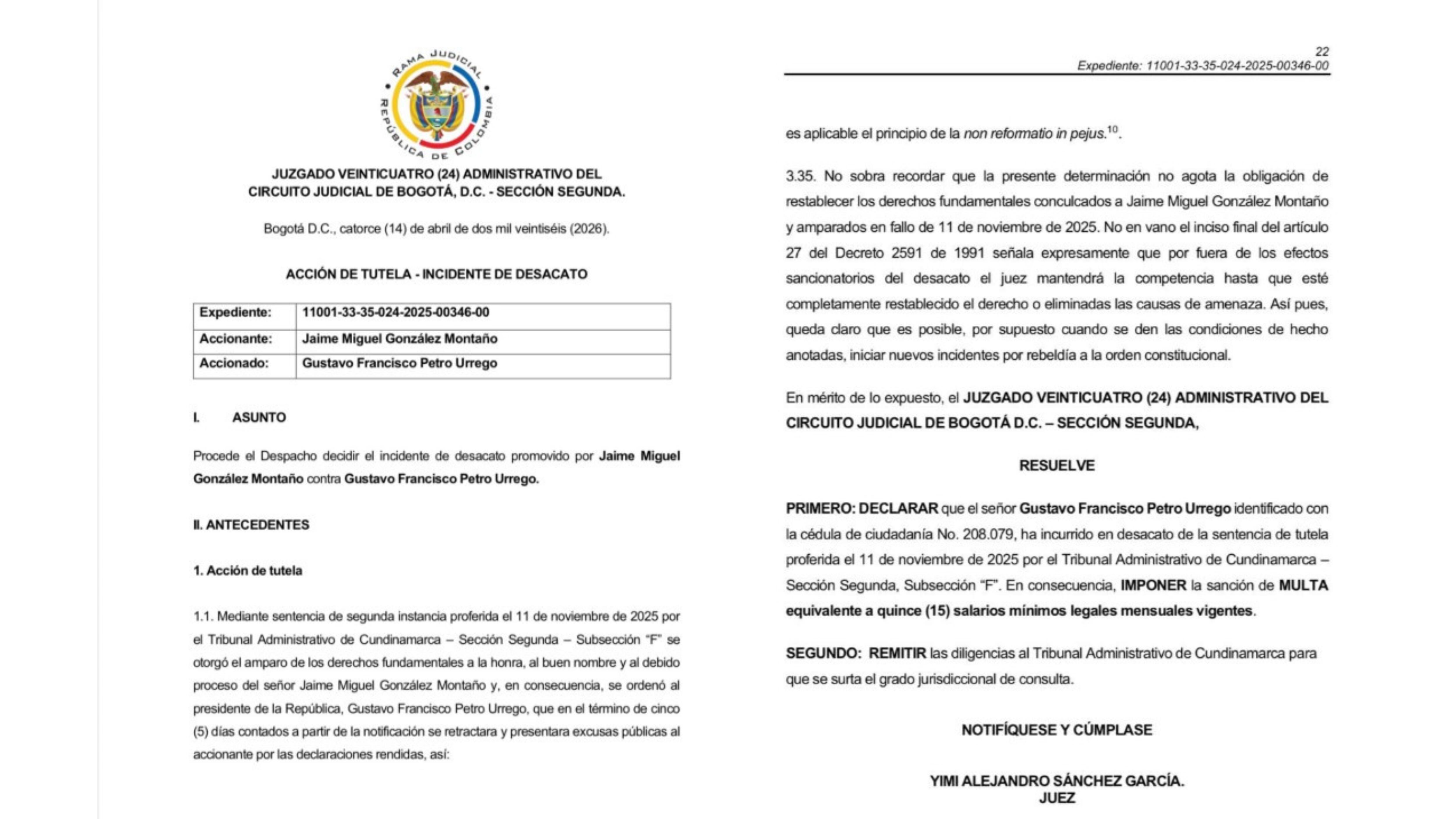 Documento del juzgado que impone sanción por desacato y ordena retractación pública por señalamientos sin pruebas contra directivo de Coosalud - crédito Rama Judicial de Colombia