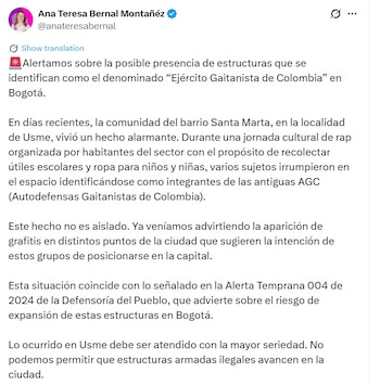 Un episodio reciente de extorsión durante una jornada comunitaria reveló la estrategia de tercerización de actividades ilegales y el aumento de tensiones entre grupos criminales y autoridades en el sur de Bogotá - crédito captura de pantalla @anateresabernal 7 X