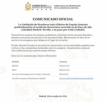 Comunicado del gobierno hondureño ante la tragedia en Toledo, España.