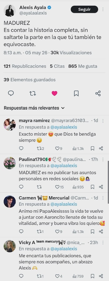Captura de pantalla de un tuit de Alexis Ayala en la plataforma X, donde se lee su mensaje sobre la madurez y varias respuestas de usuarios