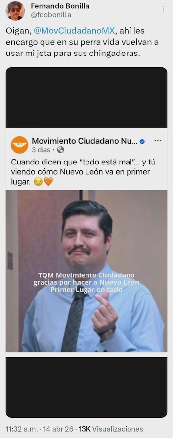 Captura de pantalla de Twitter mostrando un tuit de Fernando Bonilla y una publicación de Movimiento Ciudadano con la imagen de un hombre haciendo un gesto de corazón