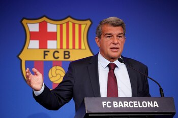 Soccer Football - FC Barcelona Press Conference - 1899 Auditorium, Barcelona, Spain - August 6, 2021 FC Barcelona president Joan Laporta during the press conference REUTERS/Albert Gea