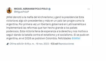Esta fue la respuesta que ofreció Miguel Polo Polo tras el triunfo de Javier Milei en las elecciones presidenciales de Argentina - crédito @MiguelPoloP/X
