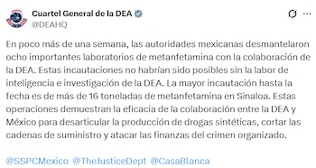 Tweet de la DEA tras el anuncio de los decomisos y desmantelamientos en Sinaloa. Crédito: X - @DEAHQ