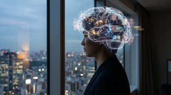 Perfil de una persona mirando por la ventana a una ciudad iluminada, con una visualización translúcida del cerebro sobre su cabeza mostrando puntos luminosos de actividad neuronal.