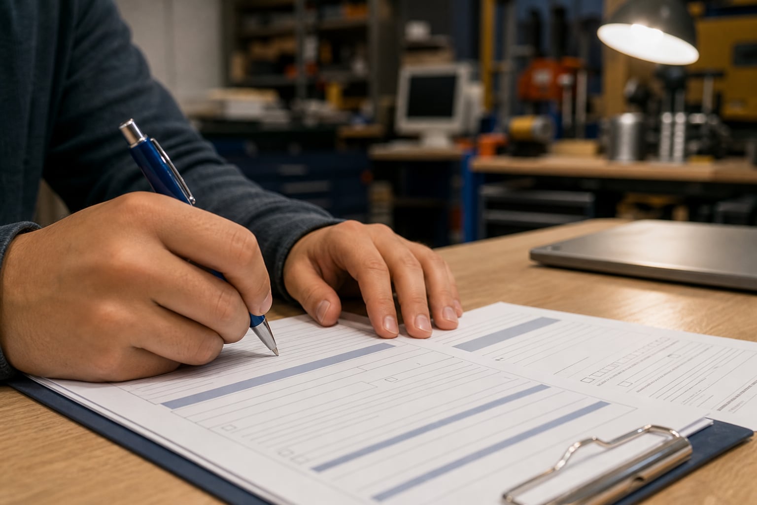 Un aspirante completa una planilla de contratación laboral sobre un escritorio en un taller de pequeña empresa. (Imagen Ilustrativa Infobae)