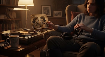 Mujer sentada en sillón sostiene foto antigua; a su izquierda, tocadiscos con vinilo, auriculares y una taza sobre una mesa de madera.