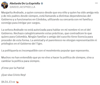 Abelardo de la Espriella aclaró que Margarita Andrade no está autorizada para hablar en su nombre ni en el del Gobierno. - crédito @ABDELAESPRIELLA/X