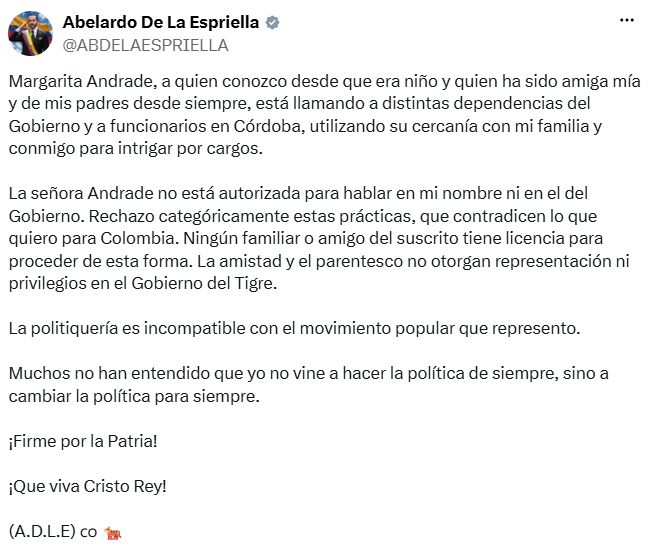 Abelardo de la Espriella aclaró que Margarita Andrade no está autorizada para hablar en su nombre ni en el del Gobierno. - crédito @ABDELAESPRIELLA/X