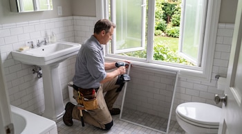 Hombre arrodillado instala un mosquitero en la ventana de un baño con inodoro, lavabo y azulejos blancos. Afuera se ve un jardín.