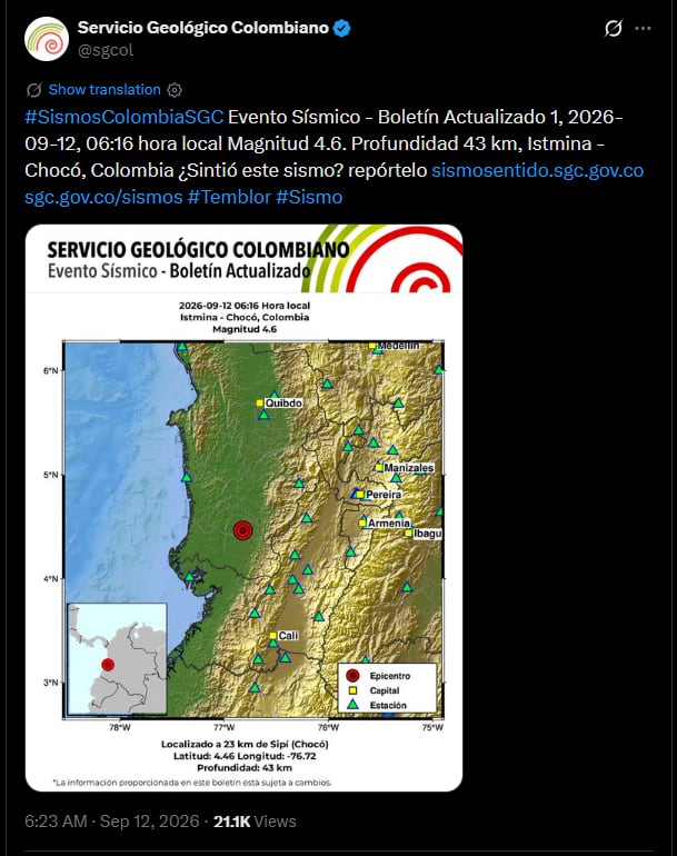 En la mañana del 12 de septiembre de 2026, una de las regiones afectadas por el terremoto del 10 de agosto volvió a presentar novedades-crédito @sgcol/X