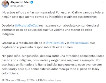 El alcalde de Cali, Alejandro Eder, expresó su rechazo y pidió justicia tras lo ocurrido con la menor. - crédito @alejoeder/X