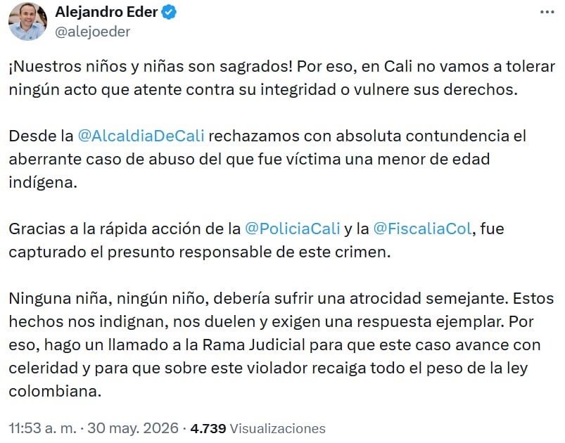El alcalde de Cali, Alejandro Eder, expresó su rechazo y pidió justicia tras lo ocurrido con la menor. - crédito @alejoeder/X