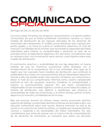 Los "Escarlatas" también mostraron su voz de protesta por la repartición del dinero en los derechos de transmisión de TV -crédito América de Cali