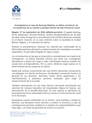 Defensoría del Pueblo - crédito @DefensoriaCol/X