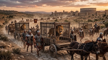 Soldados romanos avanzan junto a carretas tiradas por mulas que transportan leones en jaulas de madera sobre una calzada.