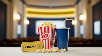 Un boleto de cine amarillo, un cubo de palomitas de maíz de rayas rojas y blancas, un vaso azul con refresco y popote, sobre una mesa clara frente a una sala de cine borrosa.